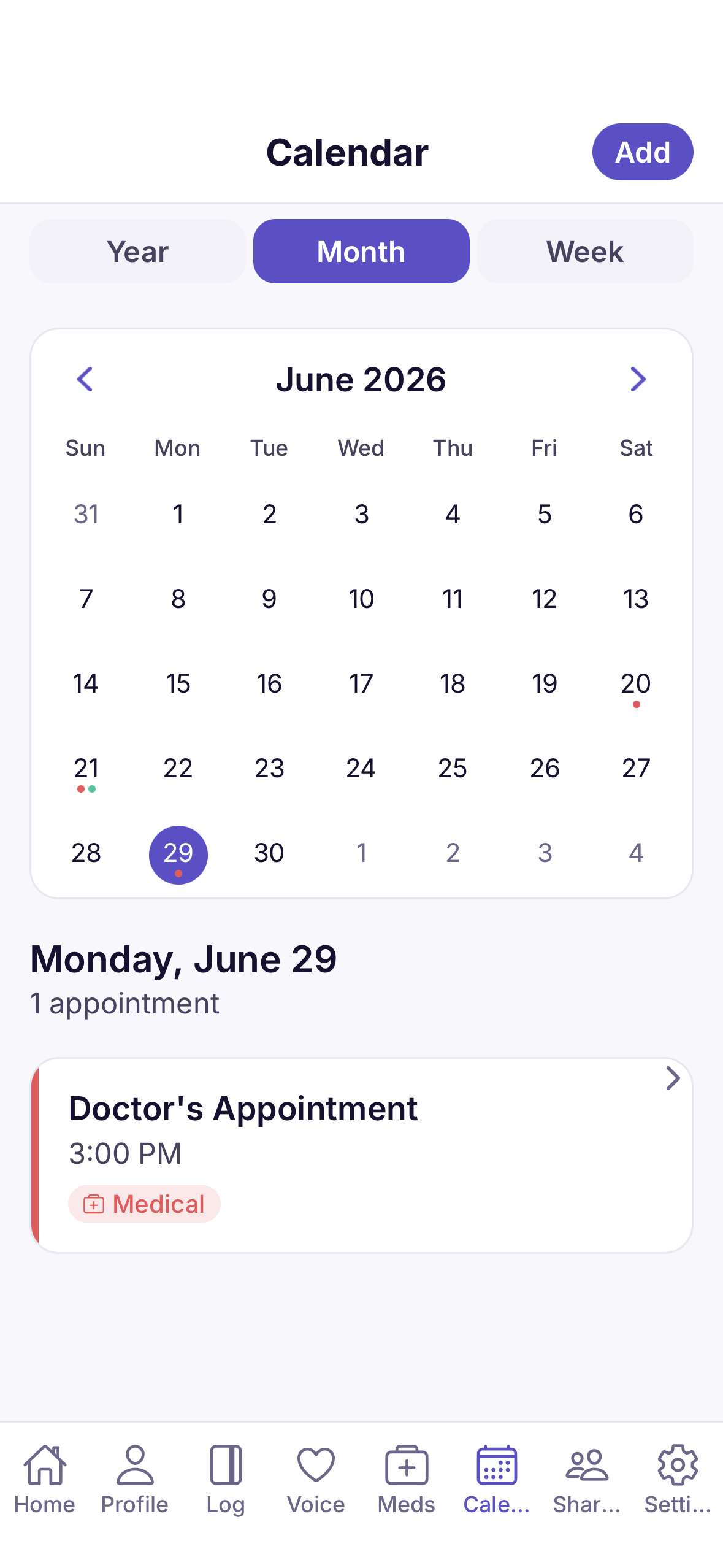 The calendar showing color-coded appointments and a month view