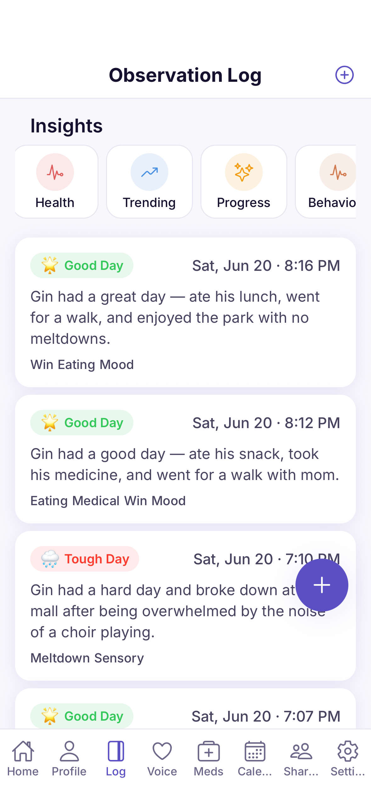 The Insights and Observation Log with day-rating entries and an AI patterns section