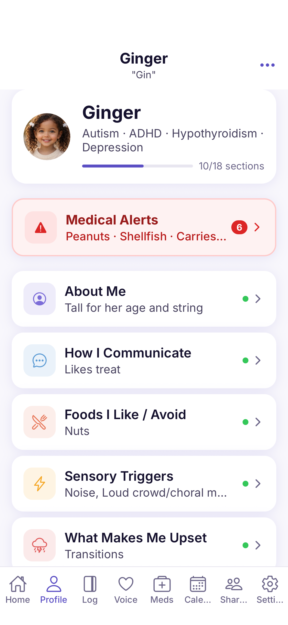 A child profile showing diagnoses, medical alerts, and sectioned care cards