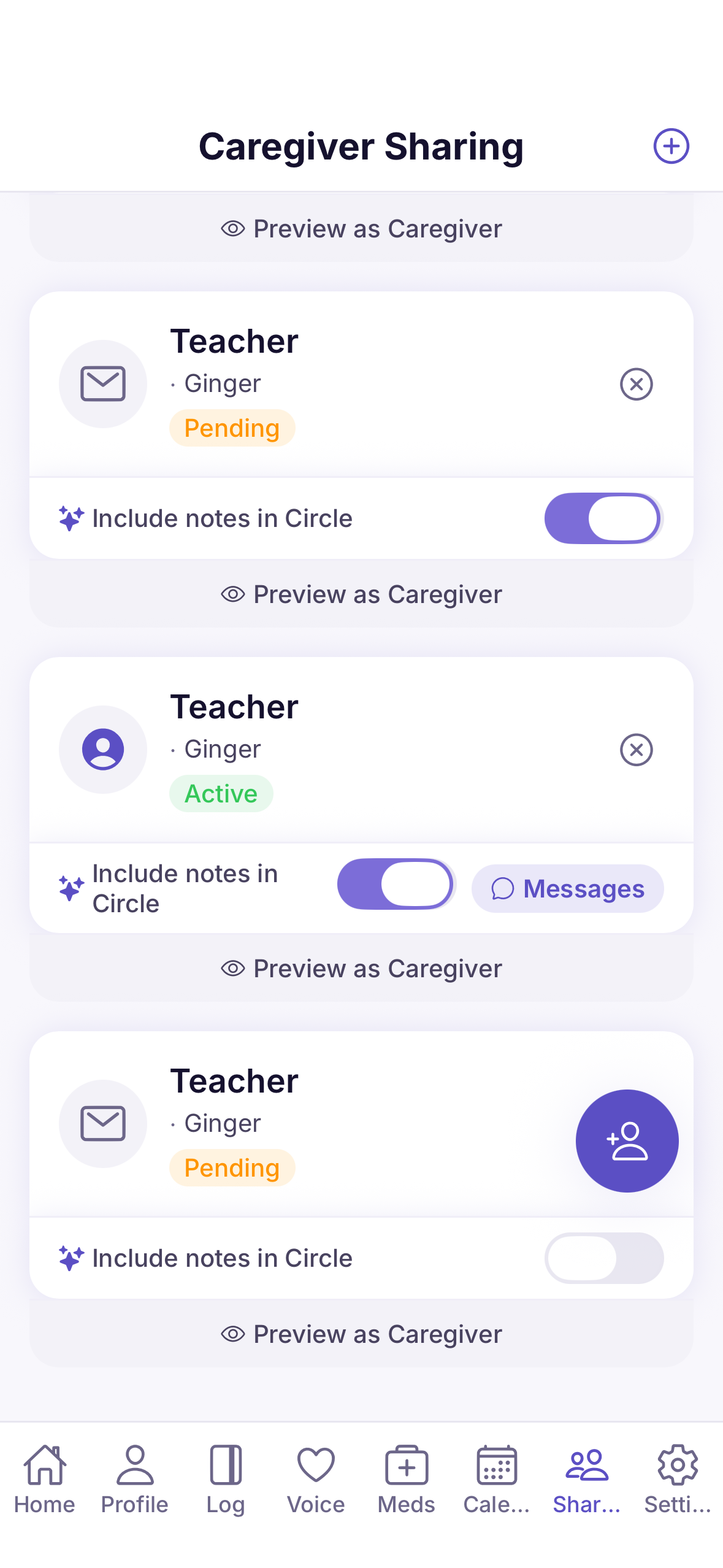 The Caregiver Sharing screen showing invited caregivers, their status, and per-share permission toggles
