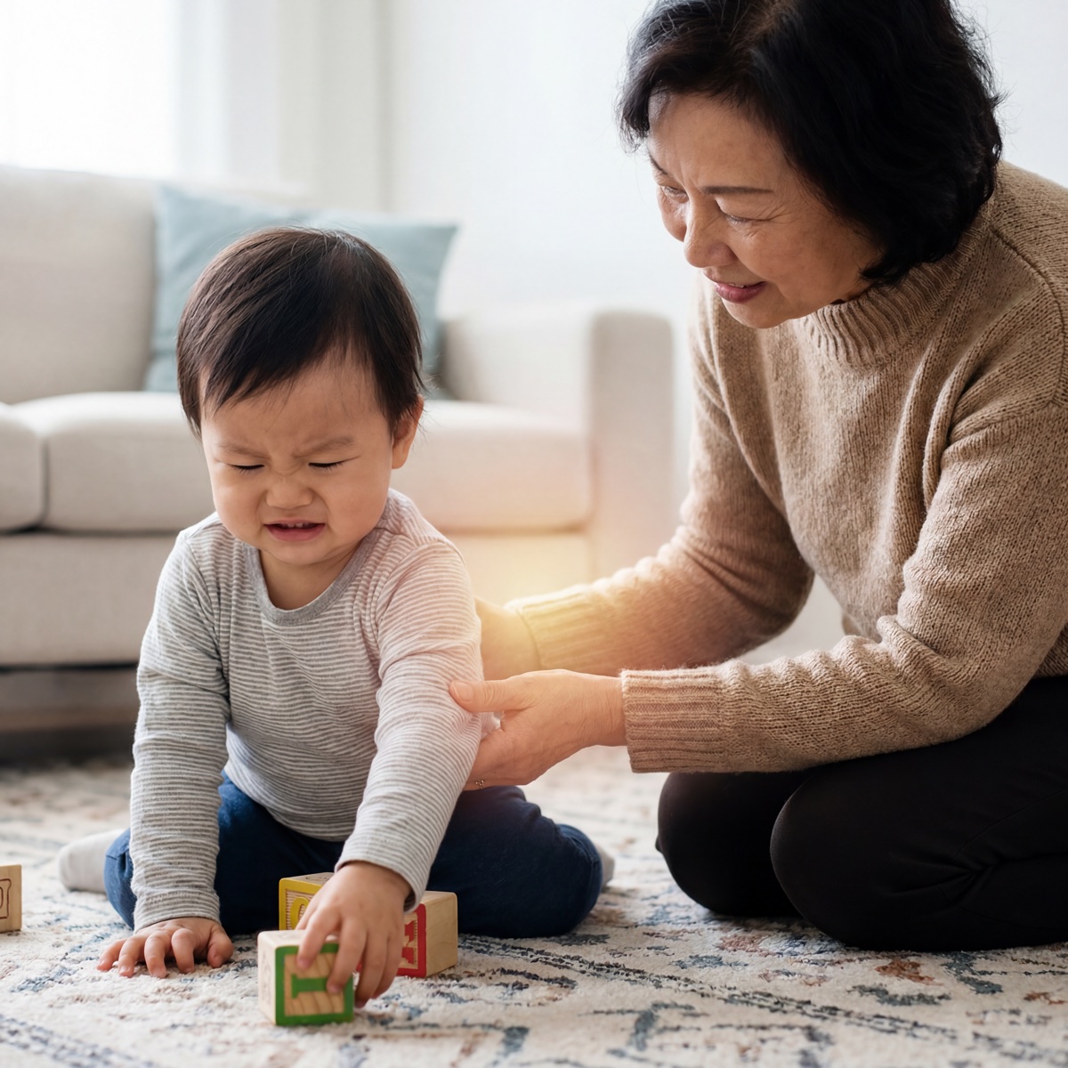 A grandmother sitting on the floor playing with her young grandchild who looks slightly upset