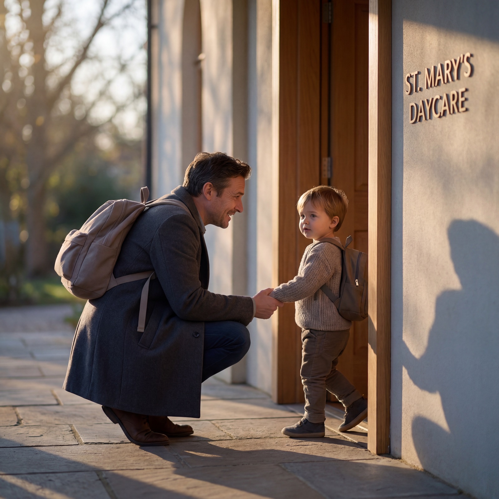 A father kneeling to talk to his young son outside a daycare entrance in warm morning light