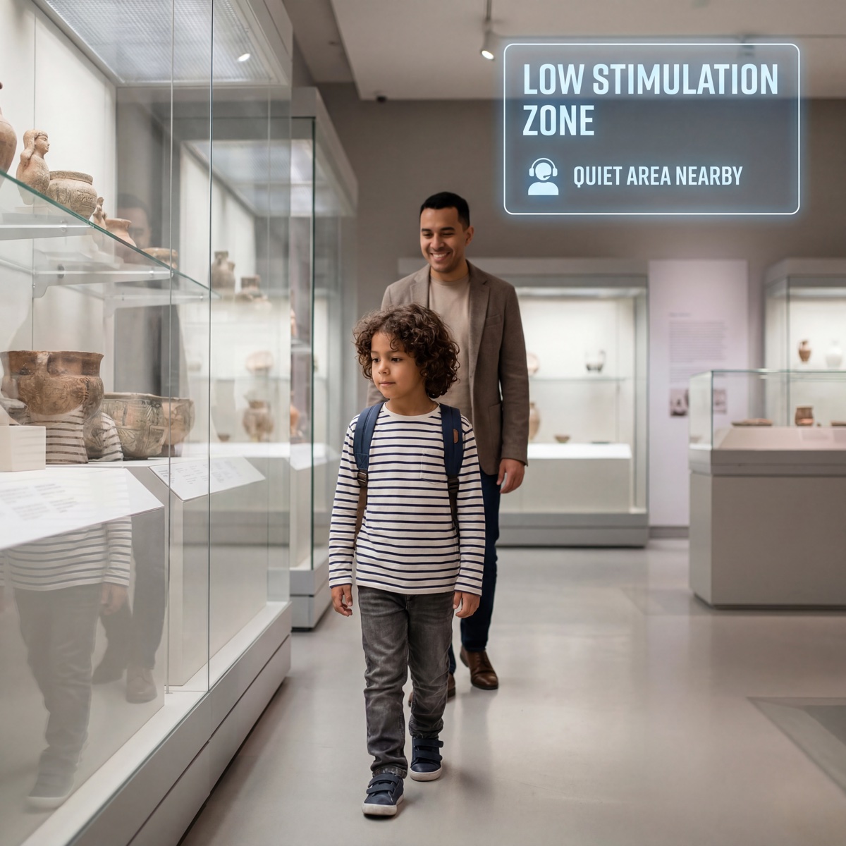 A father and son walking through a museum, with a guidance overlay highlighting a low-stimulation quiet area